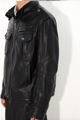 A versatile stand-collar, regular-shoulder leather jacket