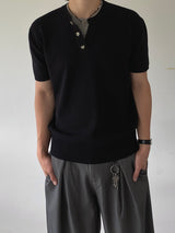 Embossed Layered Henley Neck Short-Sleeved Knitwear 4C