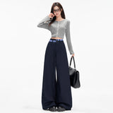 Navy Check Asymmetric Waist Wide-Leg Trousers
