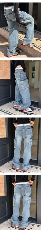 [Unisex] Fringe cargo denim pants(3color)