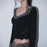 cross patch lace sleeve - black