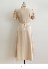 Kazz Shirt Collar Puff Sleeve Long One Piece (Belt Set)