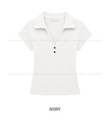 Cien Button V-neck Collared Short Sleeve