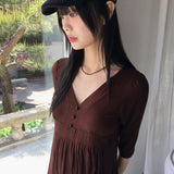 パミールビンテージVネックボタンプリーツ3/4ショートスリーブTシャツ