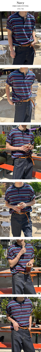 [S/S] Multi stripe henry neck half knit(3color)