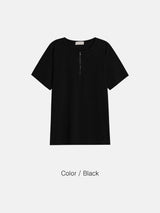 LMN ジッパーヘンリーネックVネック半袖ニット (4 colors)