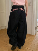 Rose Pink Lettering Embroidery Balloon Denim Pants