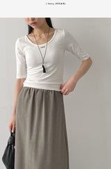 Pintuck U-Neck Elbow Length T-Shirt