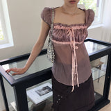 Chash jacquard satin see-through shirring ribbon cap sleeve blouse