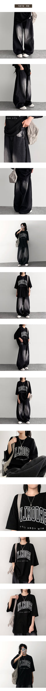 Ond side pintuck washing denim wide pants