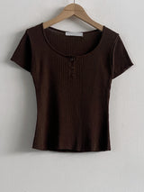 Lua Round Neck Button Ribbed Short Sleeve Knit Top 8 Colors