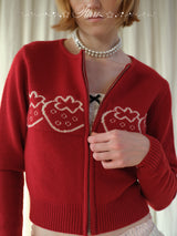 rirri 100% Merino Wool Jacquard Cropped Zipper Cardigan in Brightening Scarlet