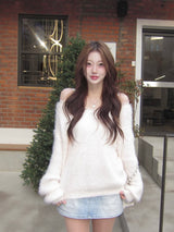 プラッシュレース オフショルダーニット ピンク