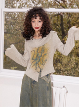 プリンティドレギュラーショルダールーズカラー長袖Tシャツ