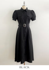 Kazz Shirt Collar Puff Sleeve Long One Piece (Belt Set)