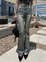 High waist light & deep blue washed bootcut long denim pants (2 colors)