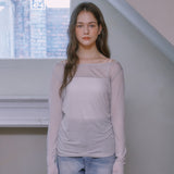 シースルーボートネックTシャツ - ライトグレー