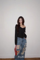 Black Off-Shoulder Cover Long Sleeve T-Shirt