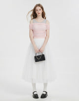 Rosina Sheer Ruched Off-Shoulder Layered Sleeveless Top Pink
