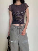 Corset strap back see-through short sleeve T-shirt