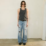 Destroyed Denim Pants Washed Blue
