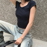 Desa Back Slit Ribbon V-Neck Short Sleeve T-Shirt