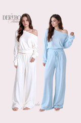 Waffle Asymmetrical Off-Shoulder Sweat Pants Set (TOP+PANTS SET)