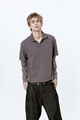 (BASE) LAYERED STRIPE POLO L/S TEE (CHARCOAL)