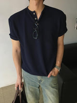 [A-T0138] ワッフルヘンリーネッククロップ半袖Tシャツ (5色)