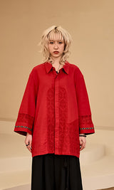 Lace color combination linen shirts Red