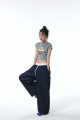Summon Oak American-style spliced contrast-color casual pants for women, loose straight-cut wide-leg sports trousers with a good draping effect