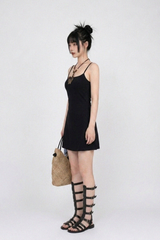 BACK OPEN FLARE MINI DRESS IN BLACK