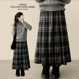 Uni Classic Back Banding Check Pleated Long Skirt