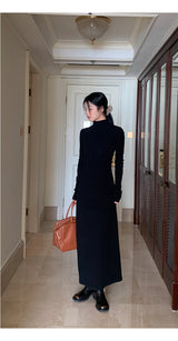Half Turtleneck Black Flared Long Dress