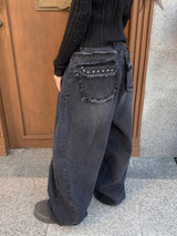 Rough Muse Tassel Ball Stud Wide Long Denim Pants