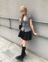 エシオン リボンパフ Vネック チェックシャツ