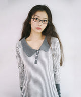 STRIPE ASYMMETRY COLLAR ONE PIECE - GRAY