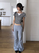 Isho Fake Layered Halter Stripe Button Short Sleeve T-shirt