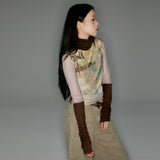 Retro fountain print coffee color stitching knitted contrast mesh bottom
