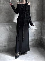 eyelet strap folding long skirt