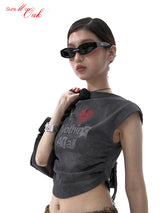 デザインセンススパイシーガールショートグラフィティプリントノースリーブTシャツ