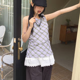 Cure Purple Check Ribbon Lace Sleeveless Blouse