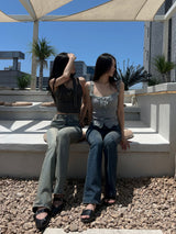 High waist light & deep blue washed bootcut long denim pants (2 colors)