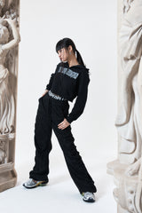 シャーリングワイドバンディドパンツ (BLACK)