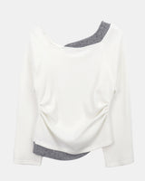 Royu Unbal Asymmetrical Color-Block Shirred One-Off-Shoulder Long-Sleeve T-Shirt