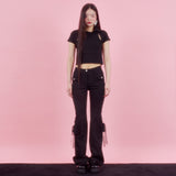 ROSE PATCH BOOT-CUT PANTS [BLACK]