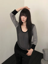 ミナミ ストライプド Uネック 9分袖 Tシャツ