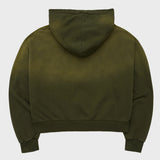 Applique Bleach Washing Crop Hoodie Zip Up Khaki