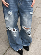 Redo Damage Washing Wide Denim Pants