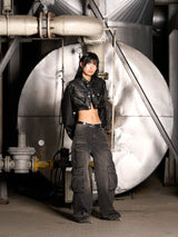Leather Crop Cargo Jacket (Black)